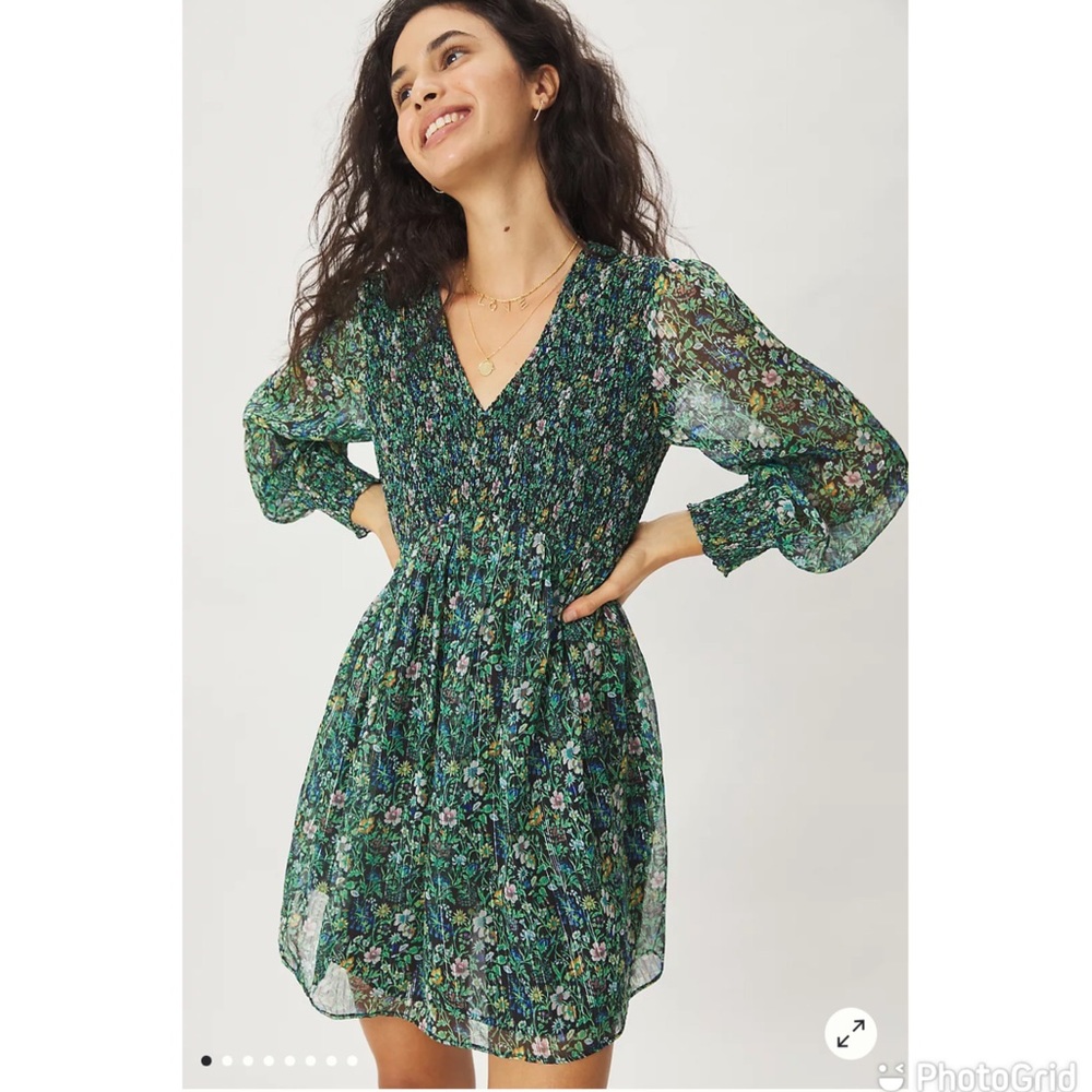 Anthropologie Green Floral Mini Dress